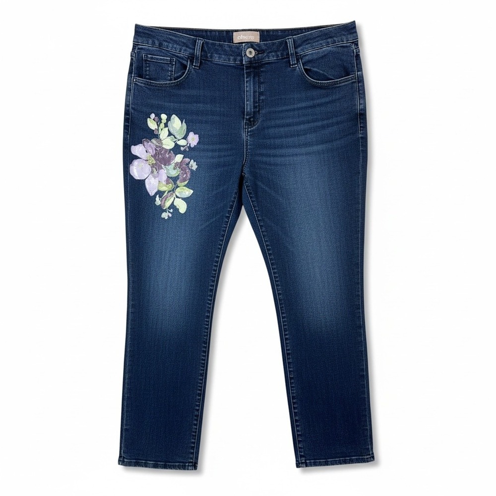 Chico's Jeans Slim Ankle Painted‎ Flower 2 High Rise 12 Stretch Purple Floral